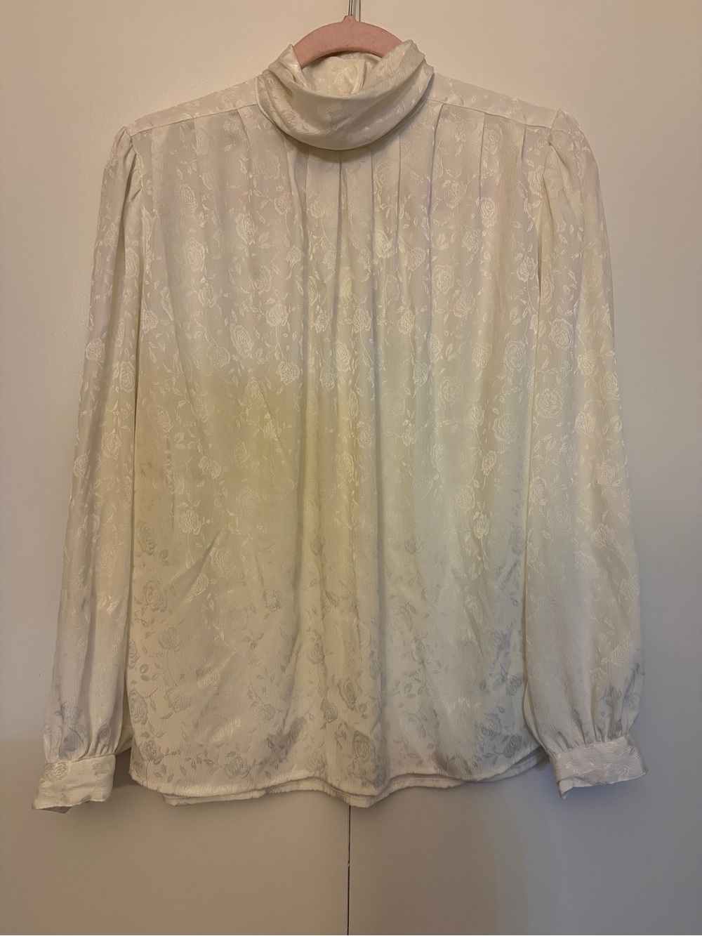 Vintage Women's Cream Floral Satin High-Neck Blouse.